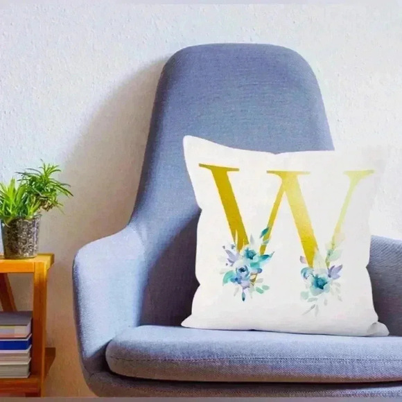 Pillow Covers 18x18” 1 pc W Alphabet Linen White/Gold W Blue Floral Boho Cottage - Picture 9 of 16